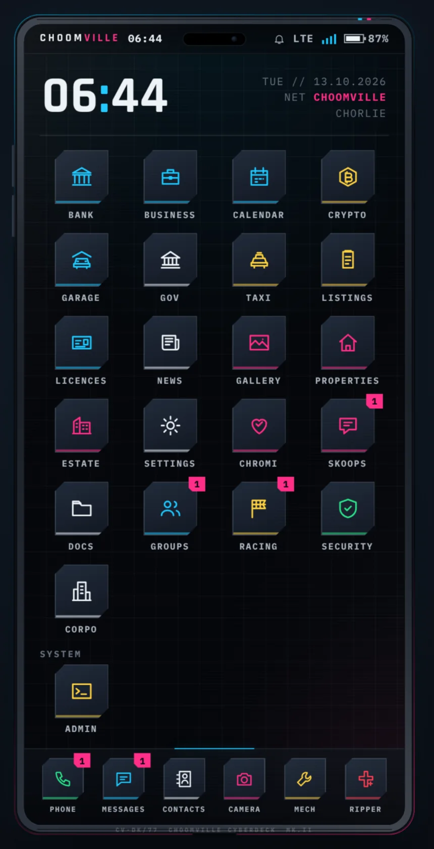 The ChoomVille Cyberdeck phone home screen with app icons for bank, business, calendar, crypto, garage, taxi and more