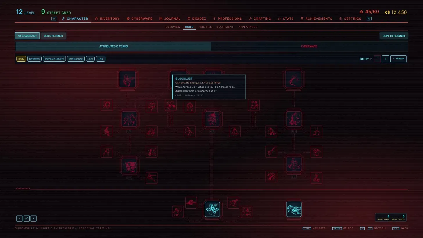 Character build screen showing the Body perk tree with a perk tooltip