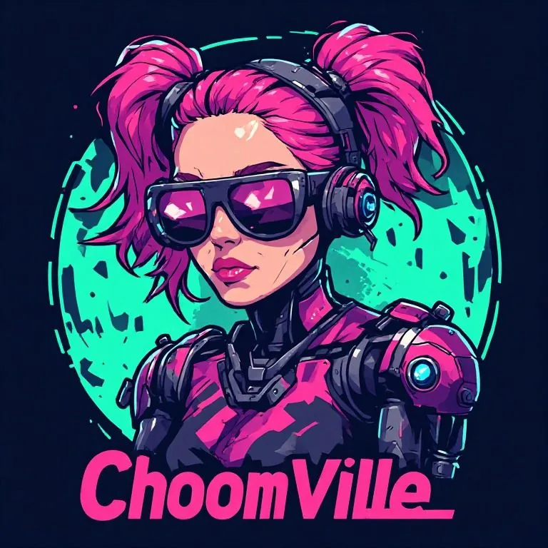 ChoomVille mascot: a pink-haired character in a visor and cybernetic armour