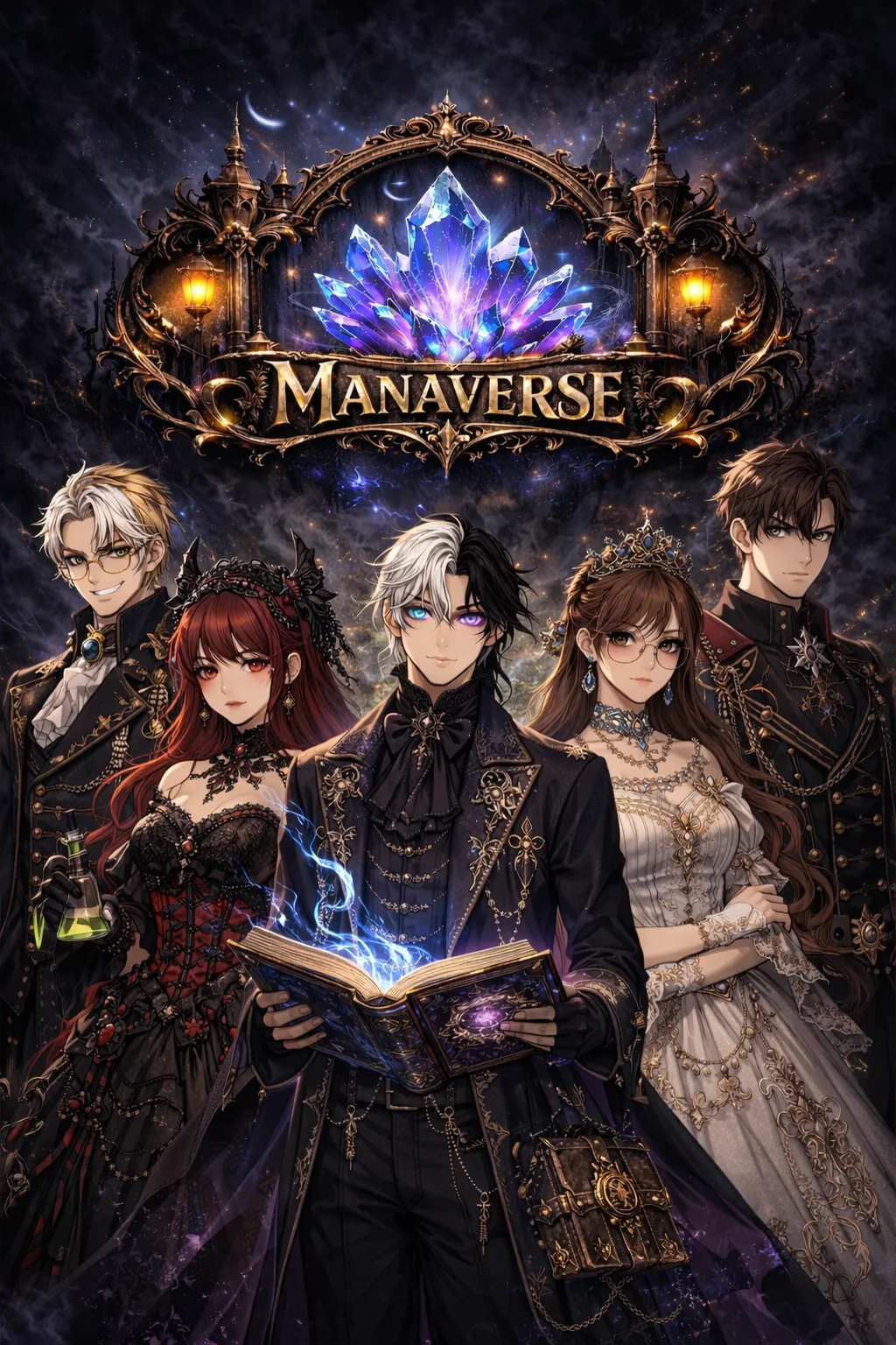 Key art: five characters in gothic and steampunk dress beneath the Manaverse crest