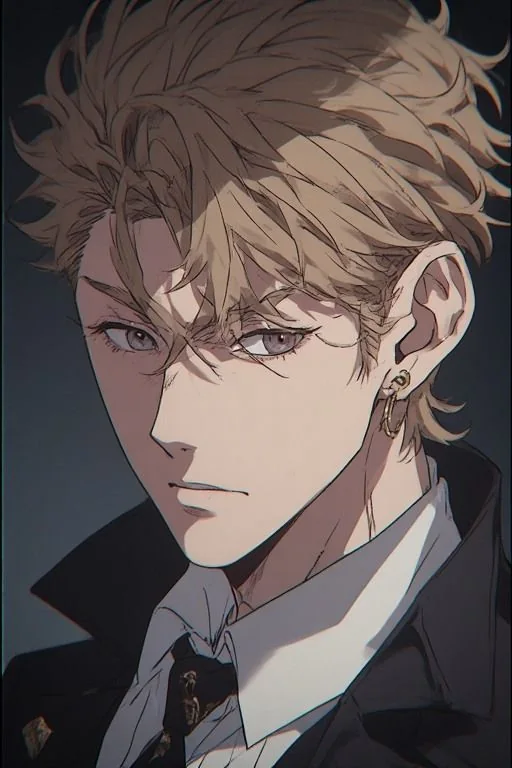 Portrait of a blond young man with a gold hoop earring and dark coat