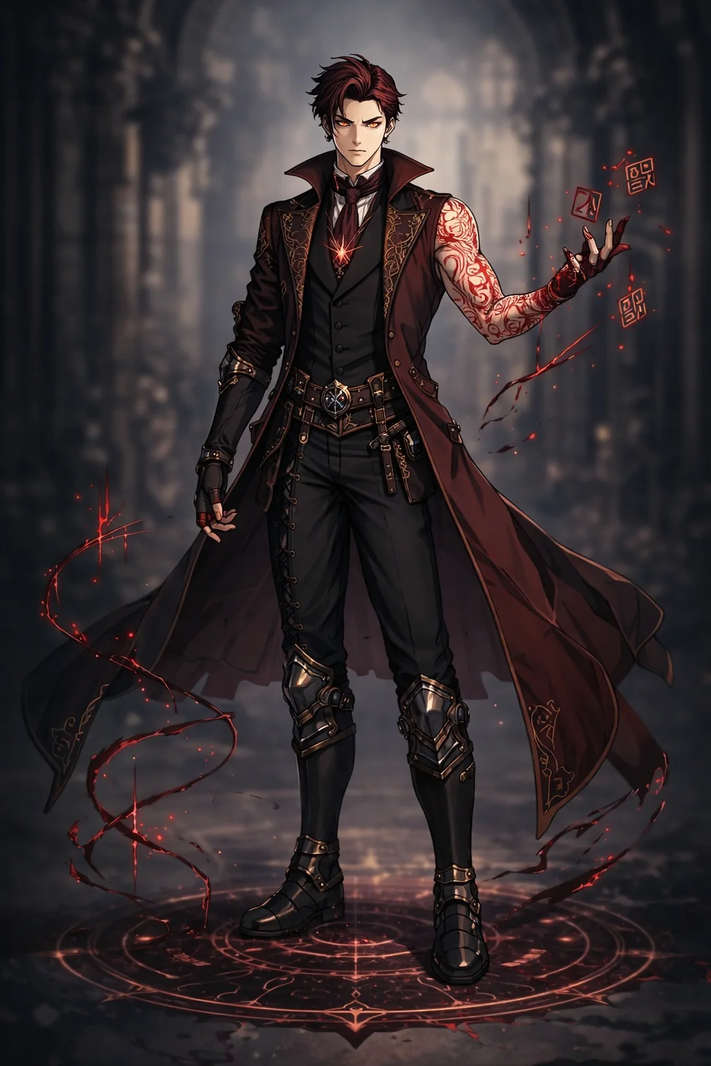 Full-length mage in a crimson coat with glowing red runes on one arm