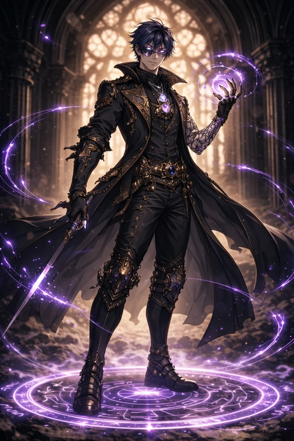 Full-length mage in a black and gold coat standing in a violet magic circle