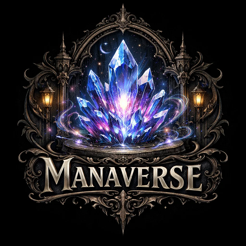 Manaverse crest: a glowing crystal cluster in an ornate gothic frame